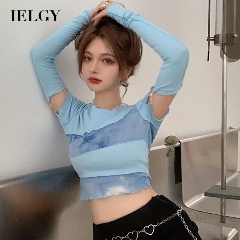 IELGY tie-dye long-sleeved t-shirt design niche short high-waist navel bottoming shirt top women