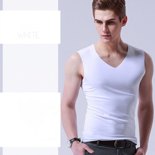Ice Silk Mens Solid TaTops V Neck Sleeveless Vests Male No Trace  Elastic Fitness Casual Bodybuilding Suits