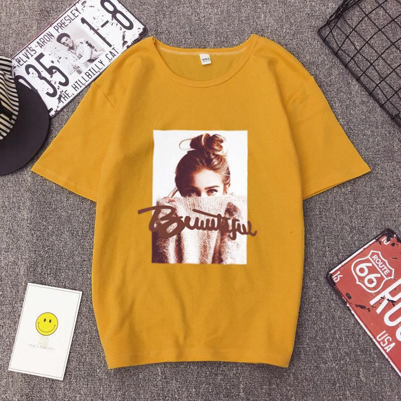 Korean Fashion Summer T-Shirt Female Short Sleeve Cartoon Alphabet Korean Women's Bottom Shirt Round Collar Clothes