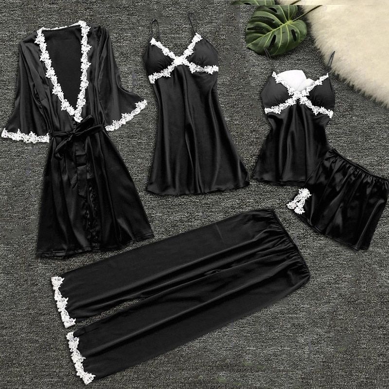 Women Pajamas 5 Pieces Sets Silk Satin Solid Pyjama Set Sexy Pajamas with Pad Lace Night Suits Sleepwear Home Clothes