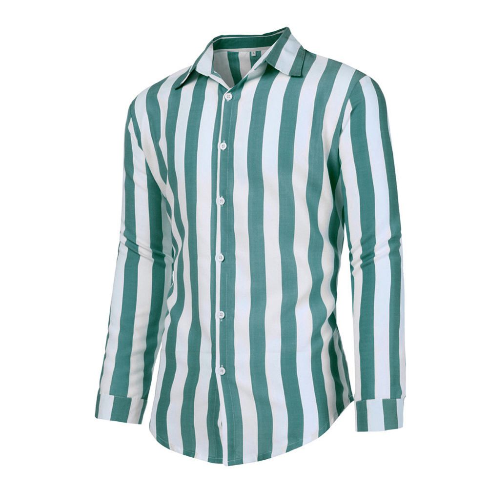 Fashion Turndown Collar Vertical Stripes Loose Button Long Sleeve Men Shirt Top