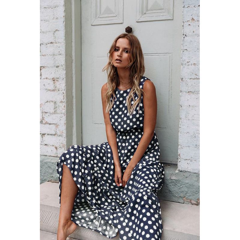 Summer O Neck Sleeveless Boho Polka Dot Print Maxi Dress Casual Empire A Line Robe Ladies Party Long Dresses Vestidos
