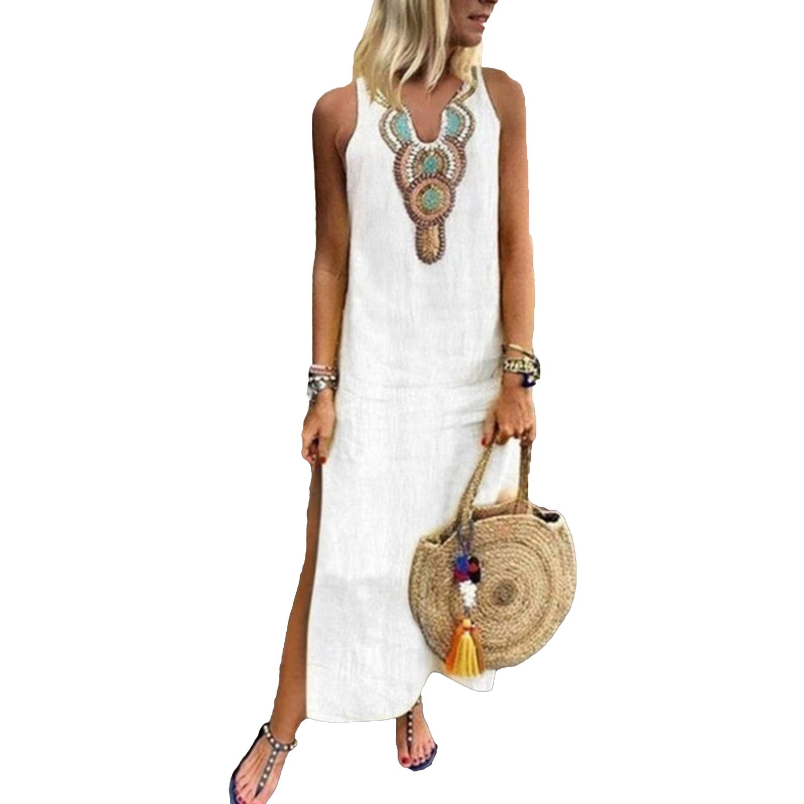 Amamia Maxi Dress V-Neck Vintage Printing Collar Summer Vest Dress