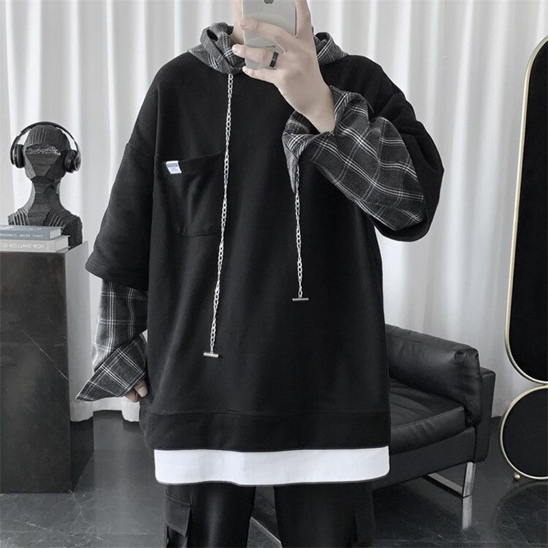 Men's Fake Two-piece Hoodie Tide Brand Plaid Stitching Hooded Jacket Korean Version of Harajuku Autumn Loose Pullover Hoodies