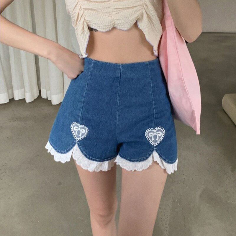 Cute Lolita Girls Denim Shorts Japanese Sweet High Waist Lace Irregular Women's Shorts S-Summer Kawaii Blue Shorts