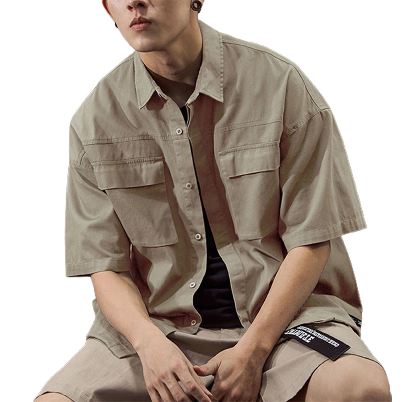 Shirt Short Sleeve Pockets Solid Color Loose Buttons Shirt for School