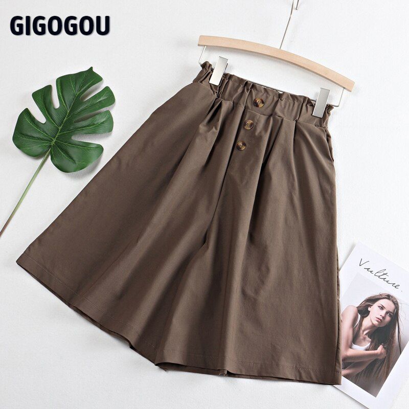 Big Pocket Women Wide Leg Pant Button Elastic High Waist Loose Pants Skirts Knee Length Fashion Casual Female Capri Pant
