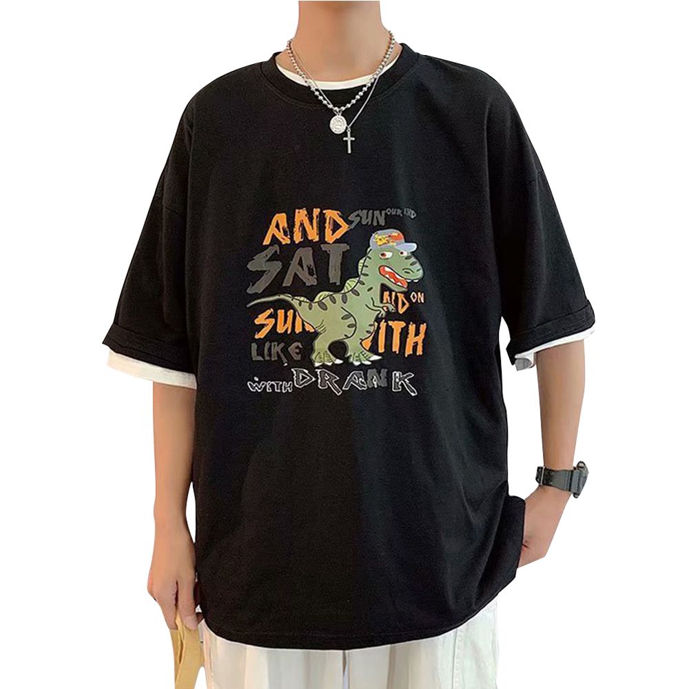 Men Women  Shirt Dinosaur Printing Round Collar Short Sleeve Blouse