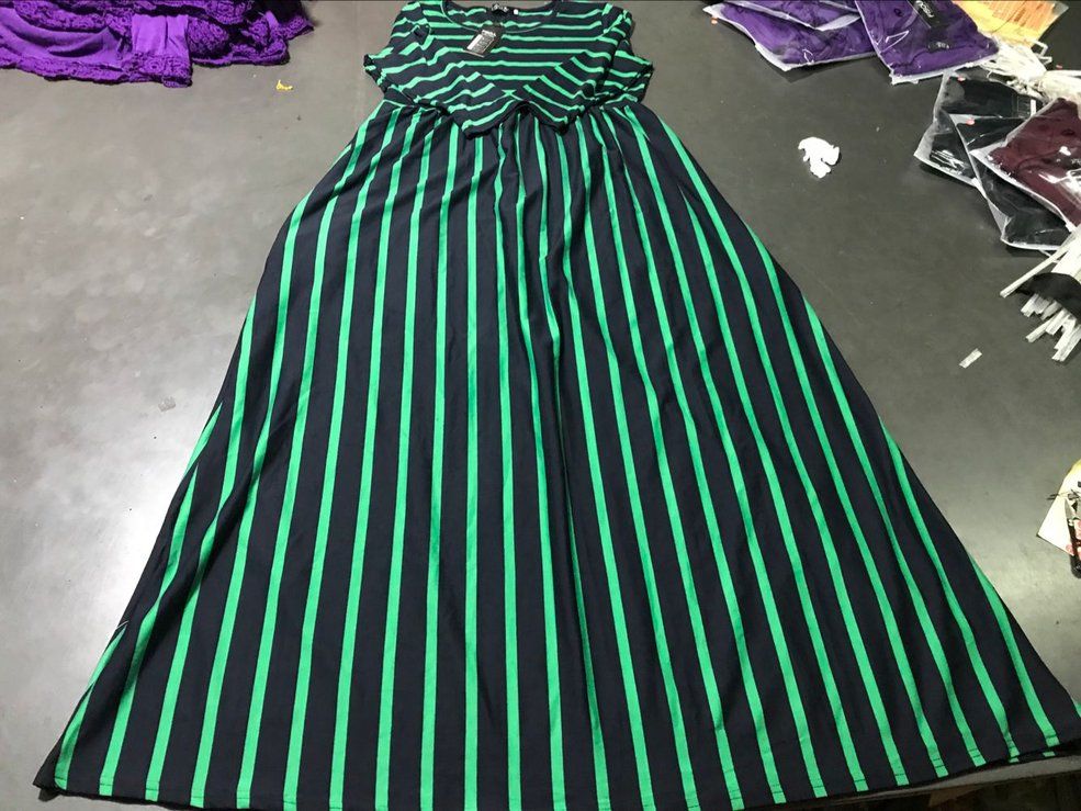 MA Women 3/4 Sleeves Dress Vest Defined Waist Floor-length Dress Striped Pattern