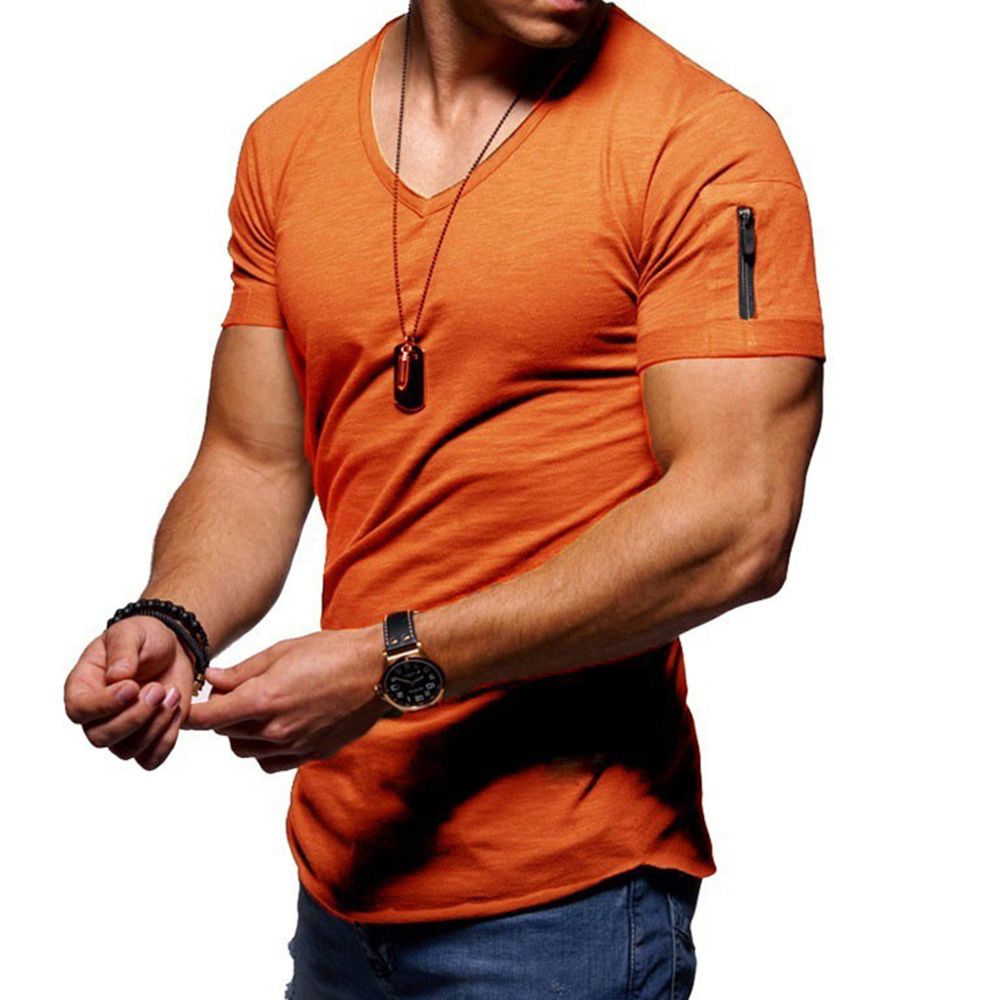 Men Solid Color Zip Pocket V Neck Short Sleeve T-shirt Fit Plus Size Tee Top