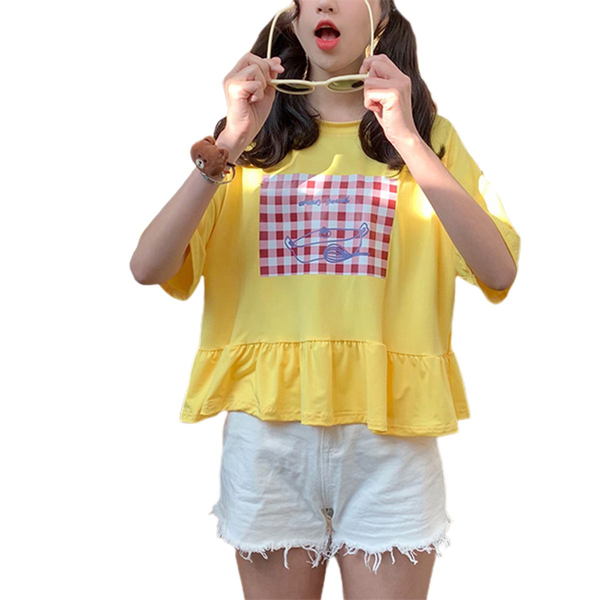 New Fashion Print Top Ruffle Hem T-shirt Summer Loose Pullover Casual Women Clothing