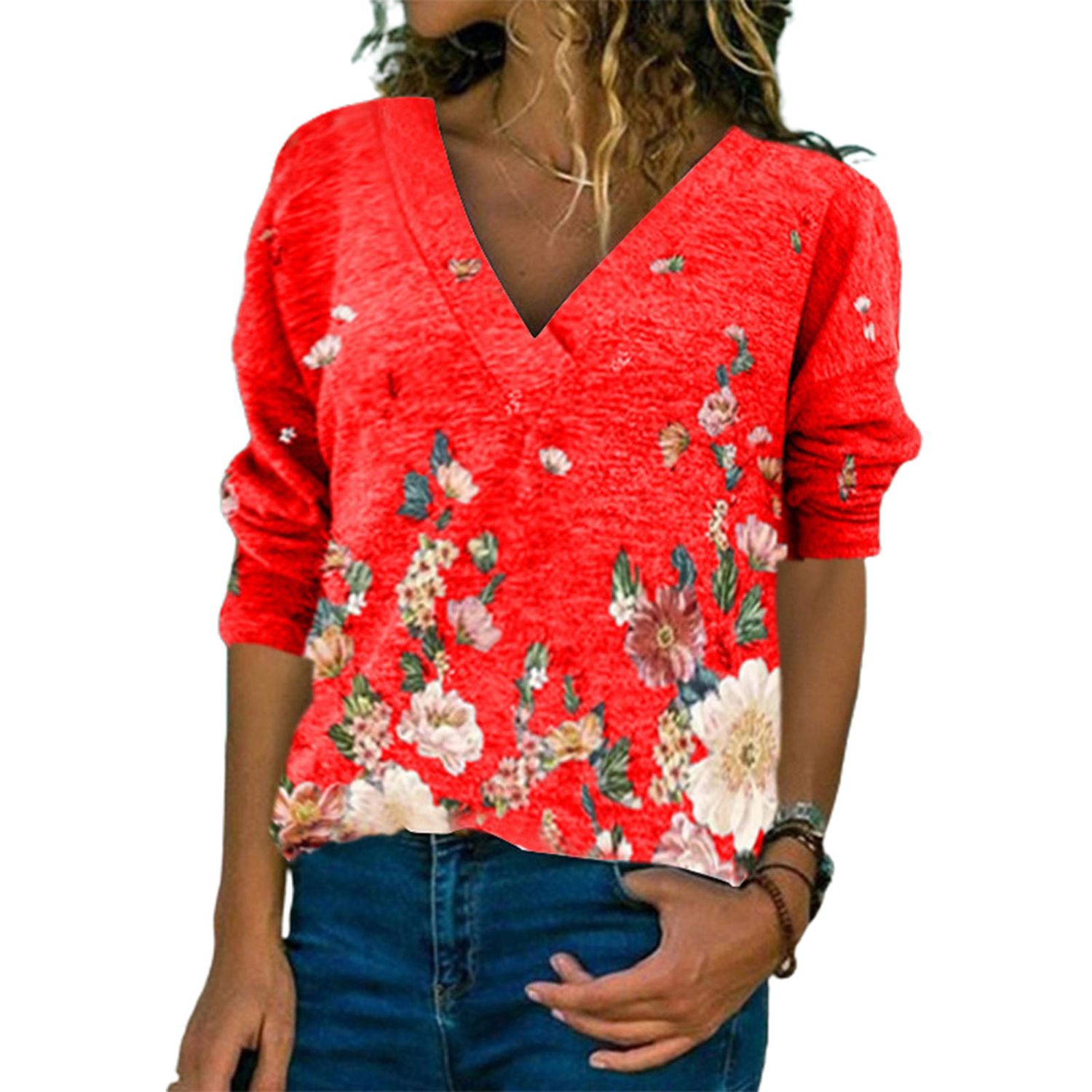 Long Sleeve T-shirt Floral Print Loose-fitting Regular Sleeve T-shirt