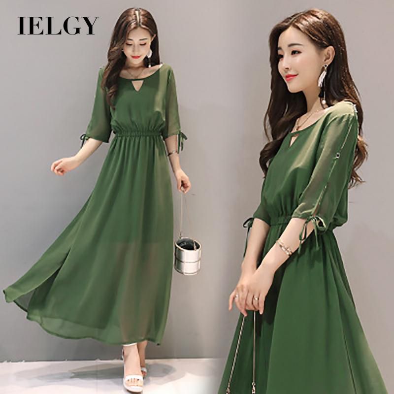 IELGY dresses for women Solid color Chiffon Slim Waist Short sleeves Split ends Long Large size Loose