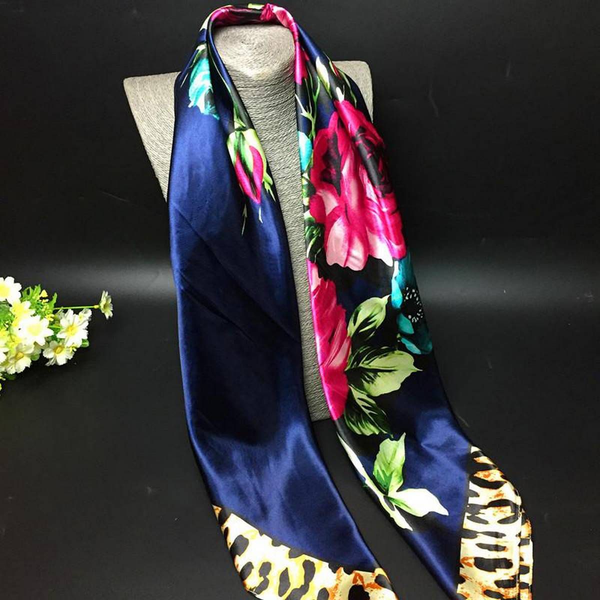 【ALLGOOD】Spring And Autumn Big Square Towel Shawl Professional WhiteCollar Silk Movie Star Printing Scarf  Satin Headscarf Fashion Floral Shiny Lady Women  90cm (35.4Inches)