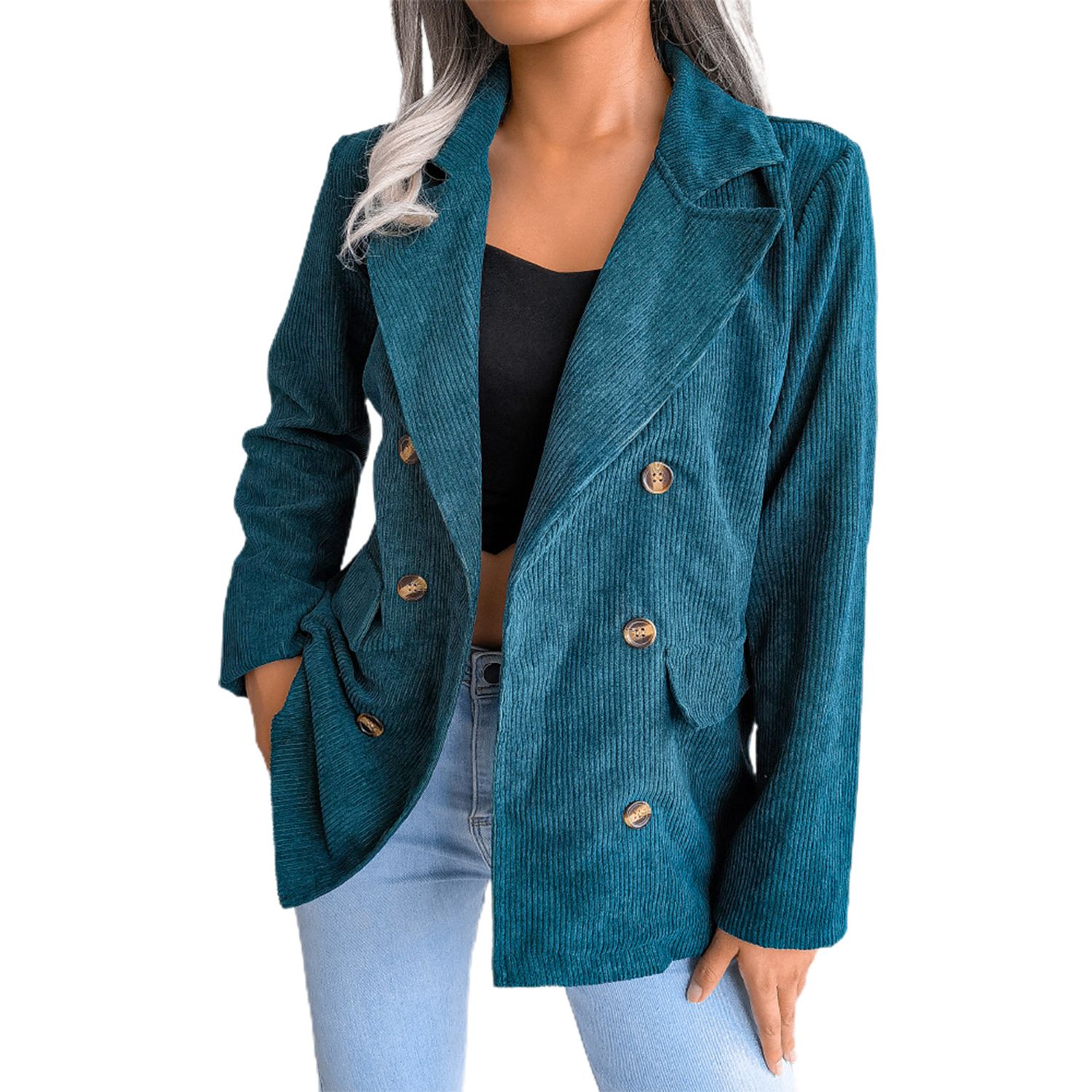 Office Lady Blazer Fake Pockets Moderate Thickness Buttons Blazer