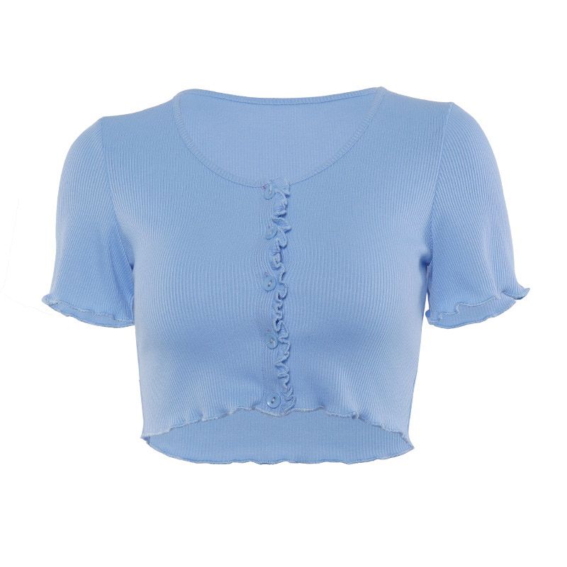 Shestyle Stretchy Ruffle Sleeve Crop Top Women 2020 Summer Button Green Blue Tight Rib-knitted Plain  T-shirt Dropshipping