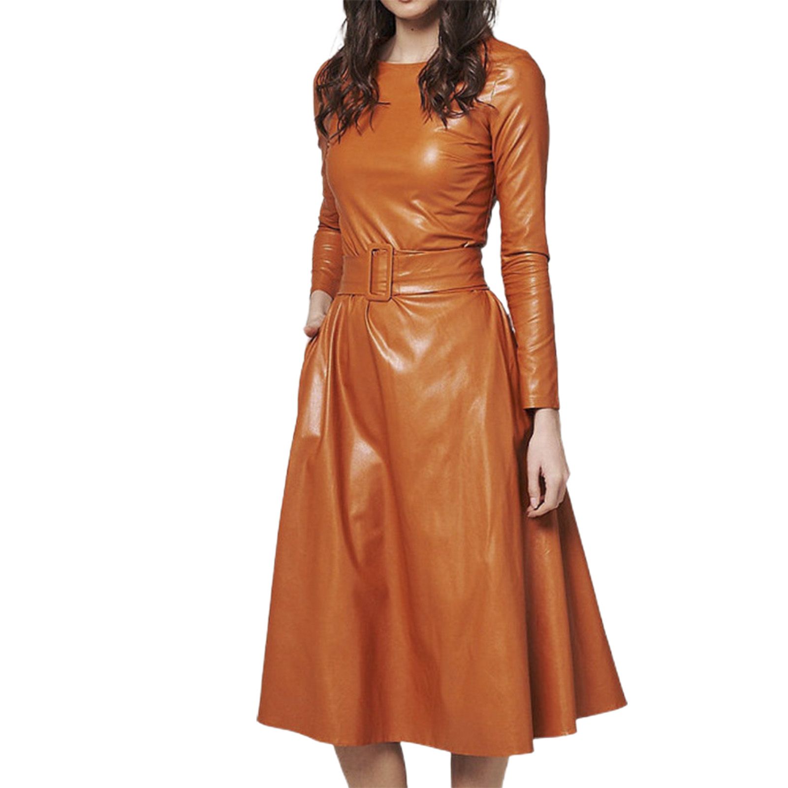 Dress Faux Leatr Crew Neck A-line Dress
