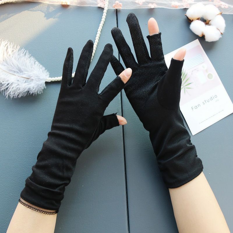 Womens Solid Summer Thin Finger Touch Screen Mid-length Cotton Fingerless Autumn Half-finger Sun Protection Driving Gloves