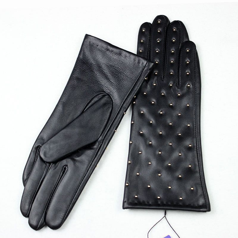 Fashionable Sheepskin Leather Gloves Handmade Rhinestone Style Velvet Lining for Autumn and Winter Warm Women's Fingers