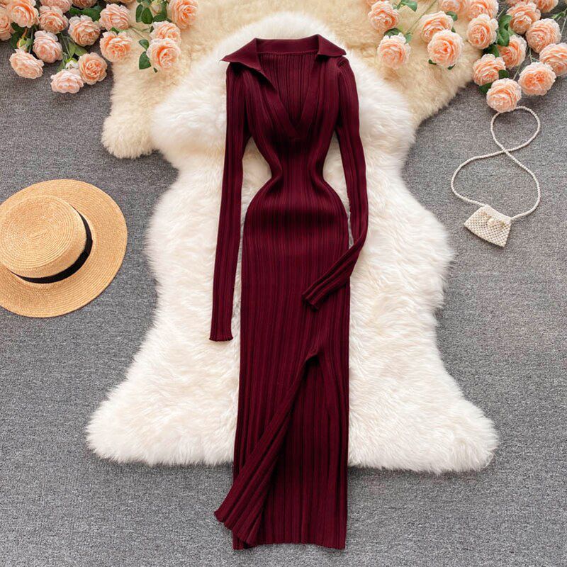 Women Korean Knitted Dress Long Sleeve V Neck Elastic Slim Pencil Dresses Autumn Bodycon Split Sweater Dress