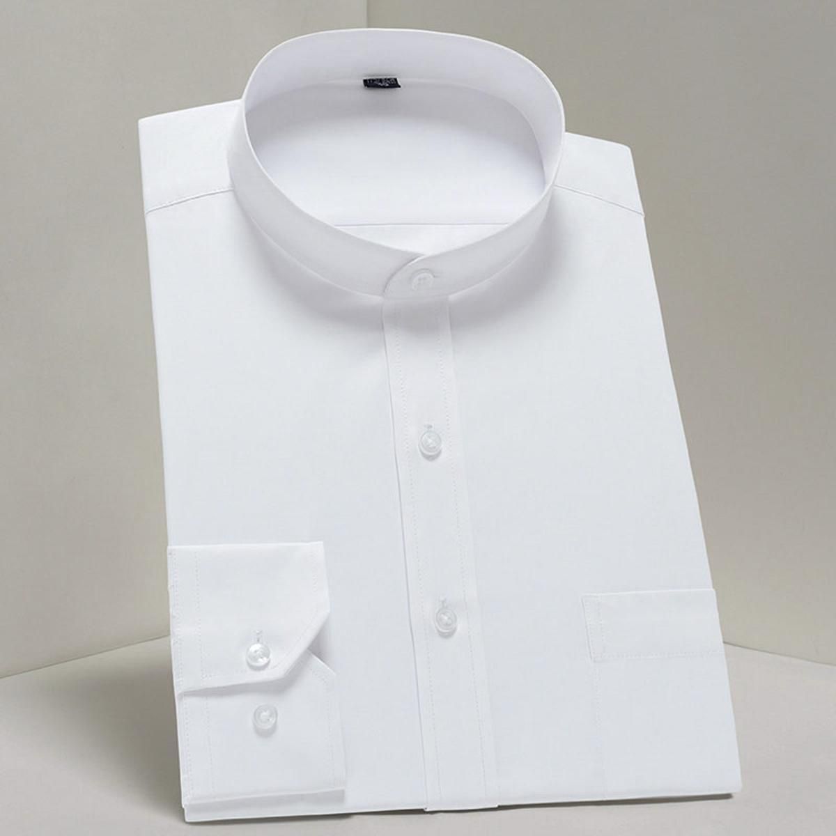 New Autumn Men's Long Sleeve Formal Stand Collar Dress Shirt Business Soft Non-iron White Work Regular Fit Smart Casual Shirt
