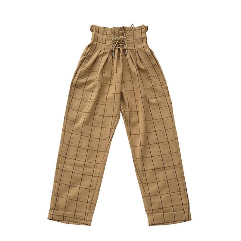 spring summer casual lace up ankle-length pants women's plaid loose harem Nine pants