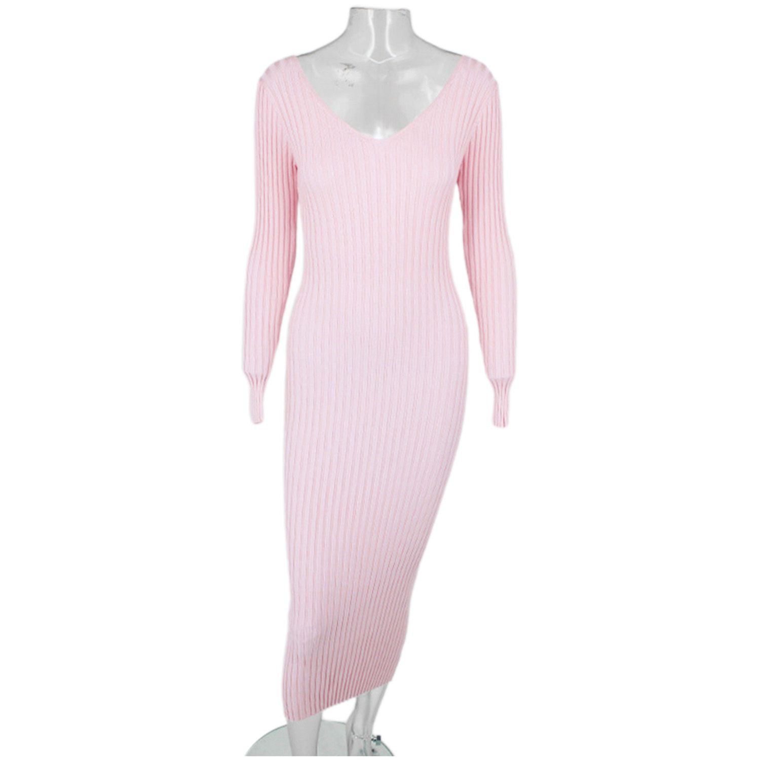 2021 Female Dress, Solid Color Deep V-Neck Long Sleeve Dress One-Piece for Women, S/M/L/XL