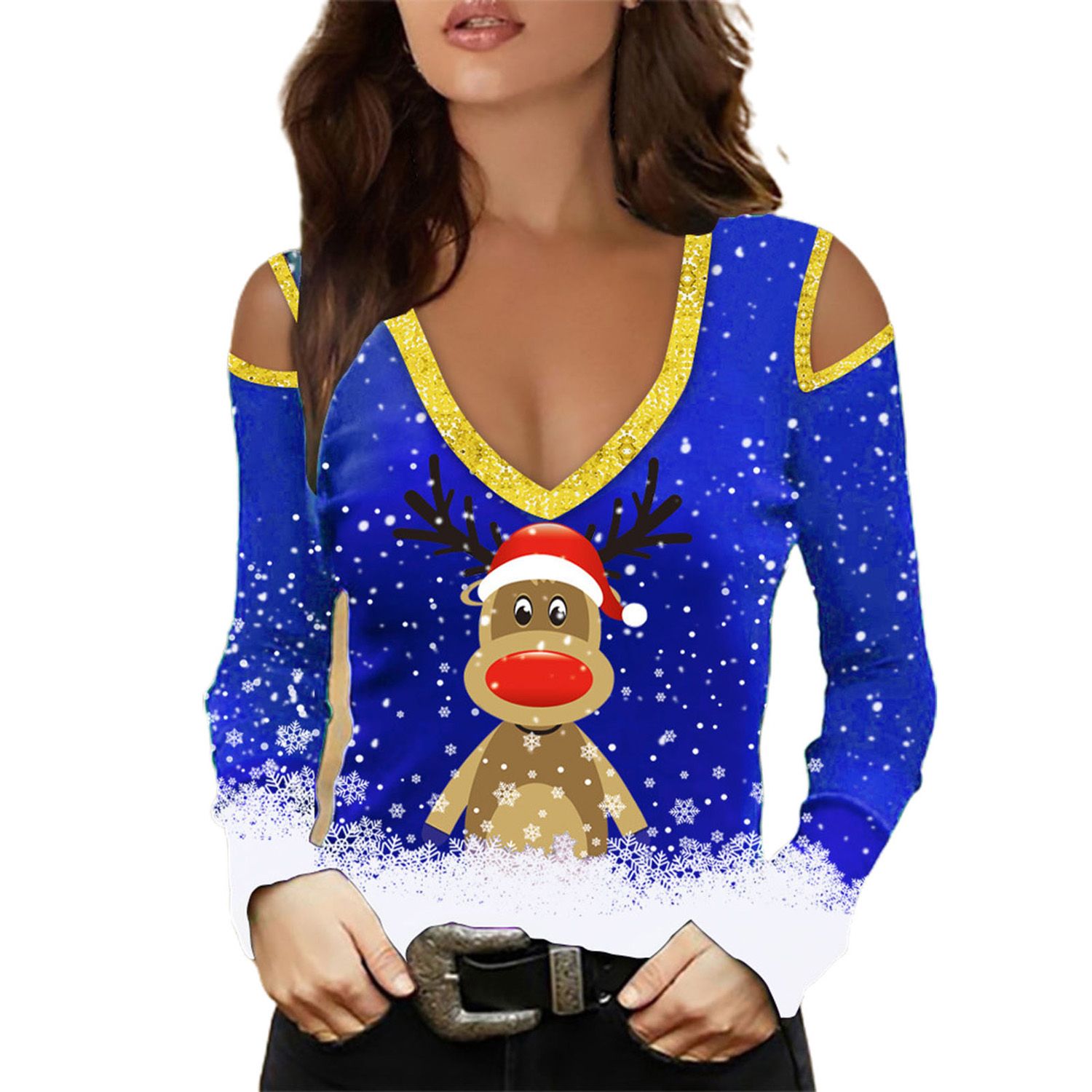 Christmas Shirt Cartoon Print Flared Sleeve Christmas Elk Print Shirt