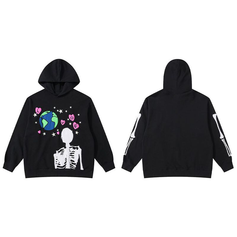 GONTHWID  Hop Hoodie Sweatshirt Streetwear Earth Skeleton Print Punk Gothic Hooded Winter Harajuku Cotton Pullover Black