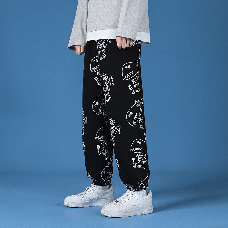 Single Road Mens Sweatpants Men Spring Dinosaur Print Baggy Joggers Japanese Streetwear Trousers Black Harem Pants For Men