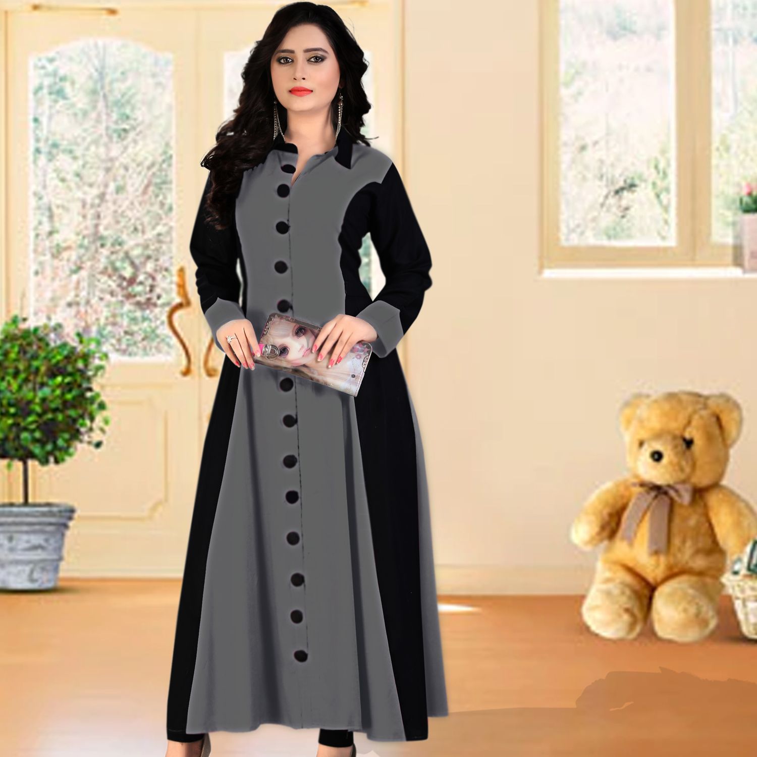 Women Dubai Kurti , China Linen Deep Gray Color