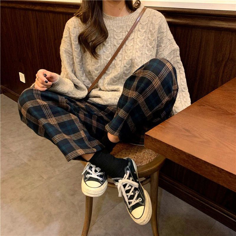 Fashion Autumn Winter Fleece Plaid Pants Women Trousers Loose Straight Casual Pants High Waist Wide Leg Pants Woman Pants