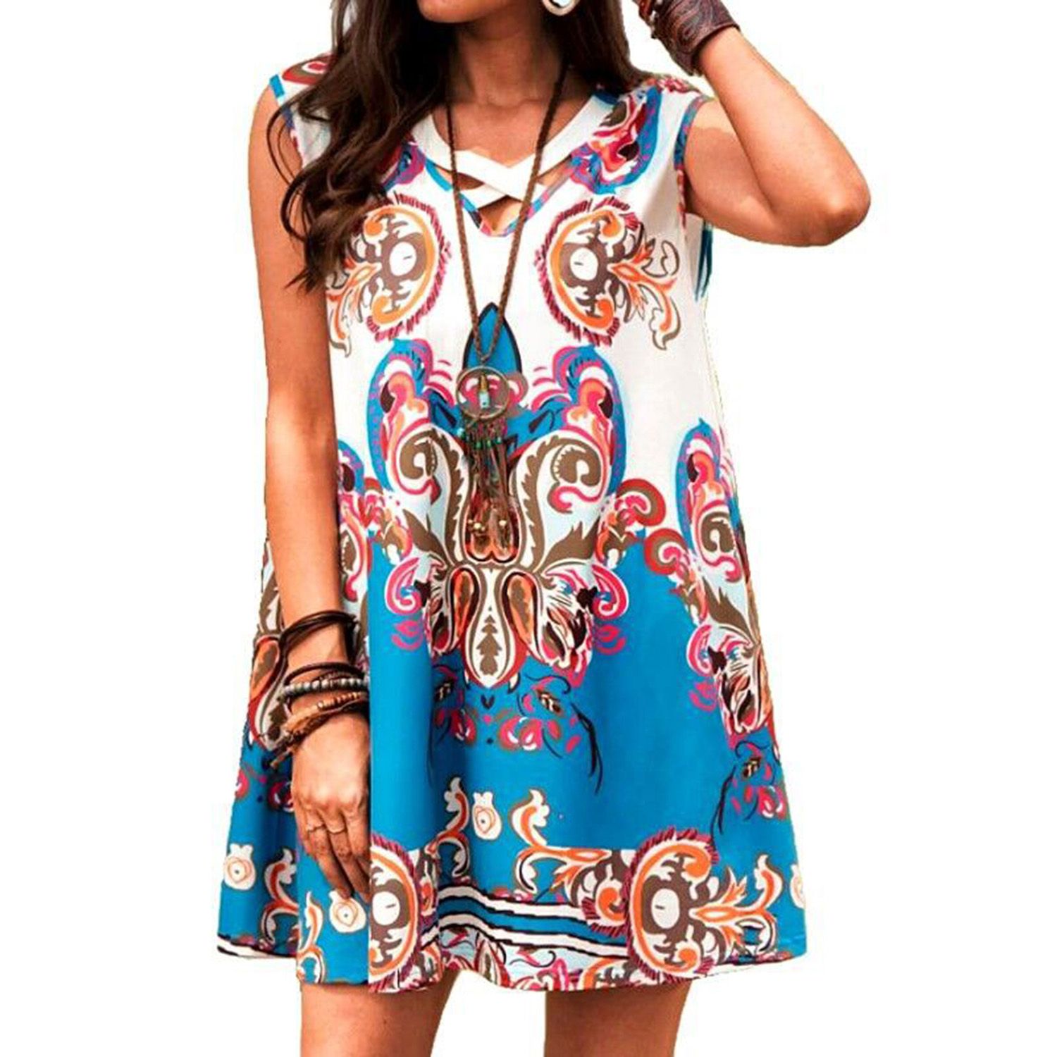 Mini Dress Cross V Neck Printed Women Sleeveless Hollow Out Loose Dress for Beach