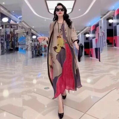 Silk Dress Two-Piece Women's Elegant Floral Plus Size Dress Casual Beach Vintage Long Dress mother dress 2021 Summer New Fashion