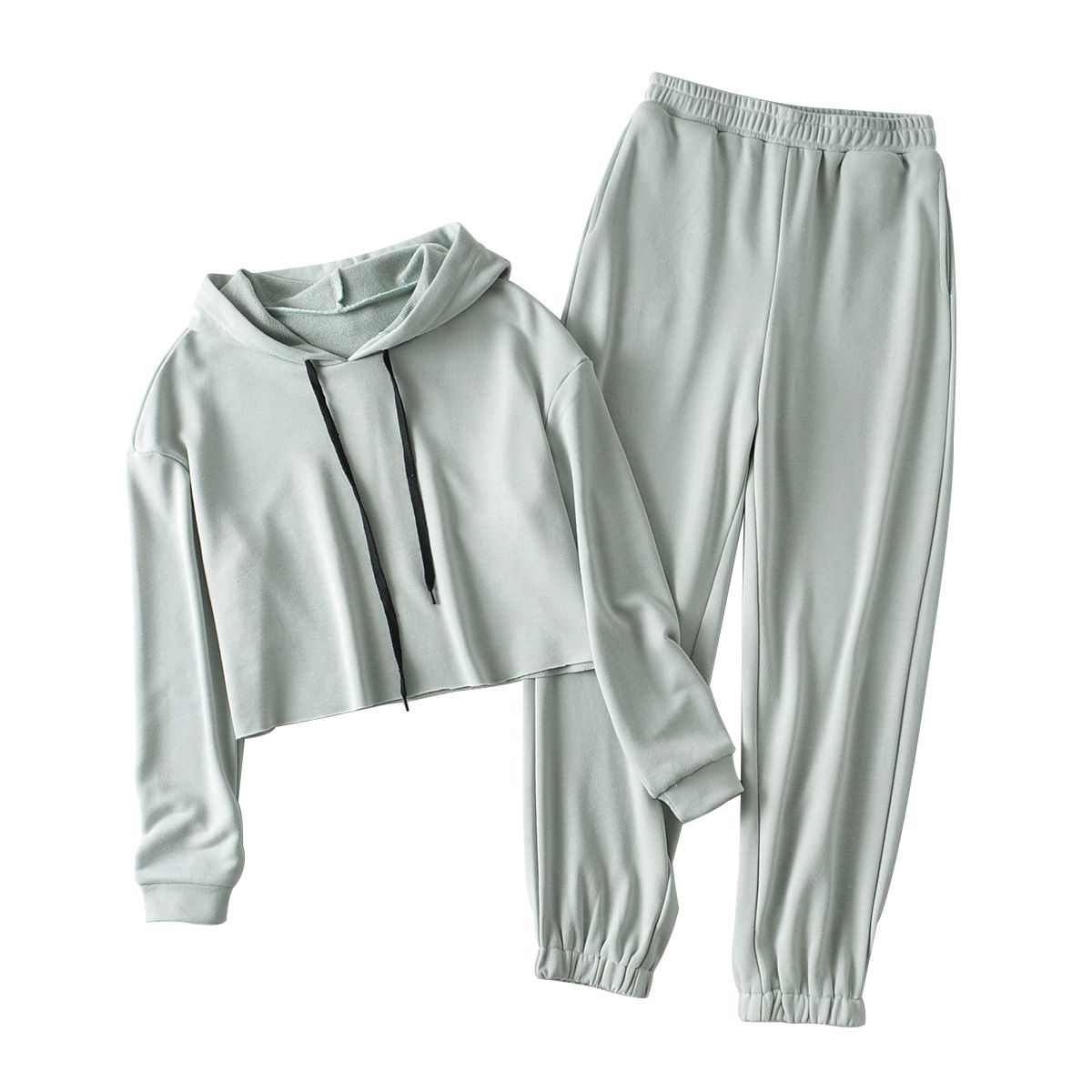 Women’s Two Piece Casual Clothes Fashion Solid Color Hooded Long Sleeve Top and Elastic High Waist Trousers