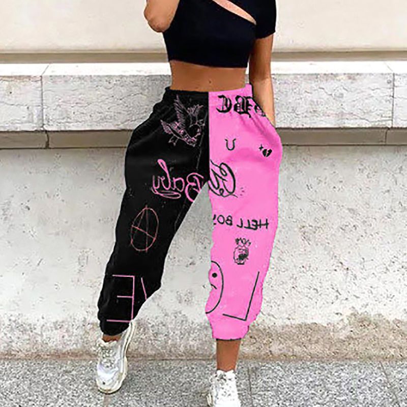 Women Fashion Skull Pattern Print Patchwork Pants Autumn Elastic Waist Pocket Sport Trouser Casual Streetwear Sweatpant