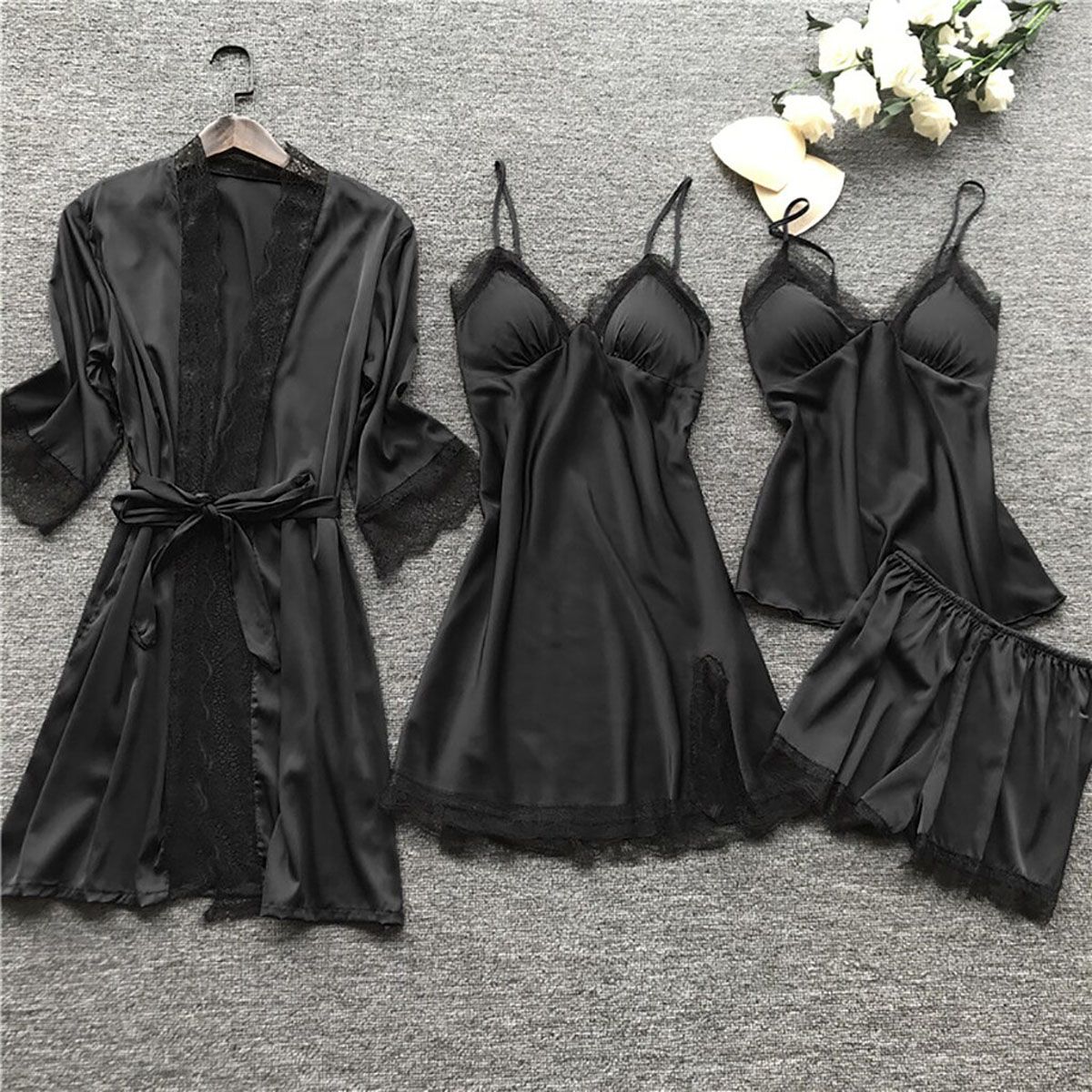 Women Satin Pajama Set Solid Lace Straps Silk Sleepwear with ChPads y suspender pajamas party daily cute date pajamas set