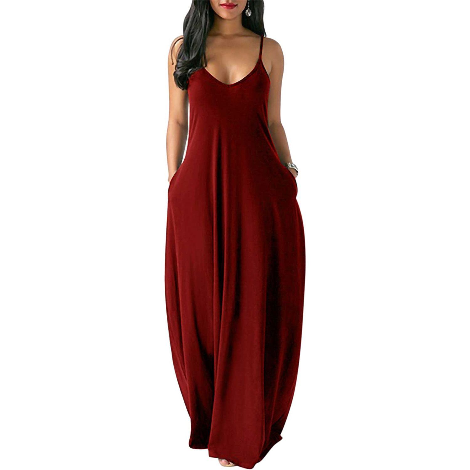 2021 Summer Women Plus Size Dresse  Women's  V-Neck Sleeveless Spaghetti Strap Sundress Ladies Solid Color Long Dress S-5XL