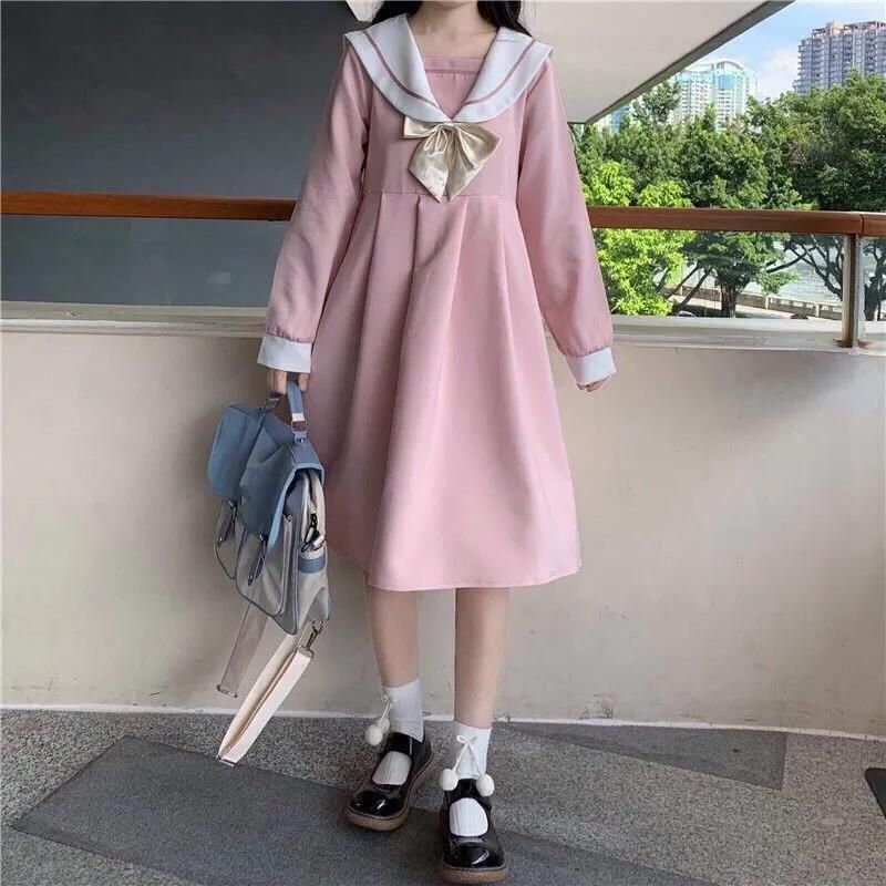 Harajuku Sailor Collar Navy Dress Japanese Lolita Sweet Bow-Knot Girl Retro Kawaii Preppy Style Short Sleeve Dress Women 2021