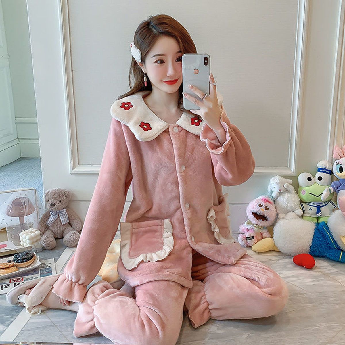 Women Pajama Sets Kawaii Zip-up Patchwork Cartoon Ruffles Hooded Plus Velvet Thicker Coral Fleece Homewear Students Outwear Chic