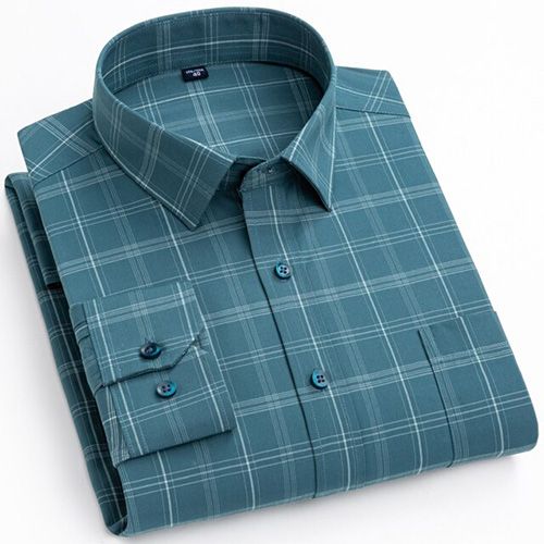 Men's Casual Plaid Striped Stretchy Bamboo-fiber Shirts Single Chest Pocket Comfortable Standard-fit Long Sleeve Dress Shirt