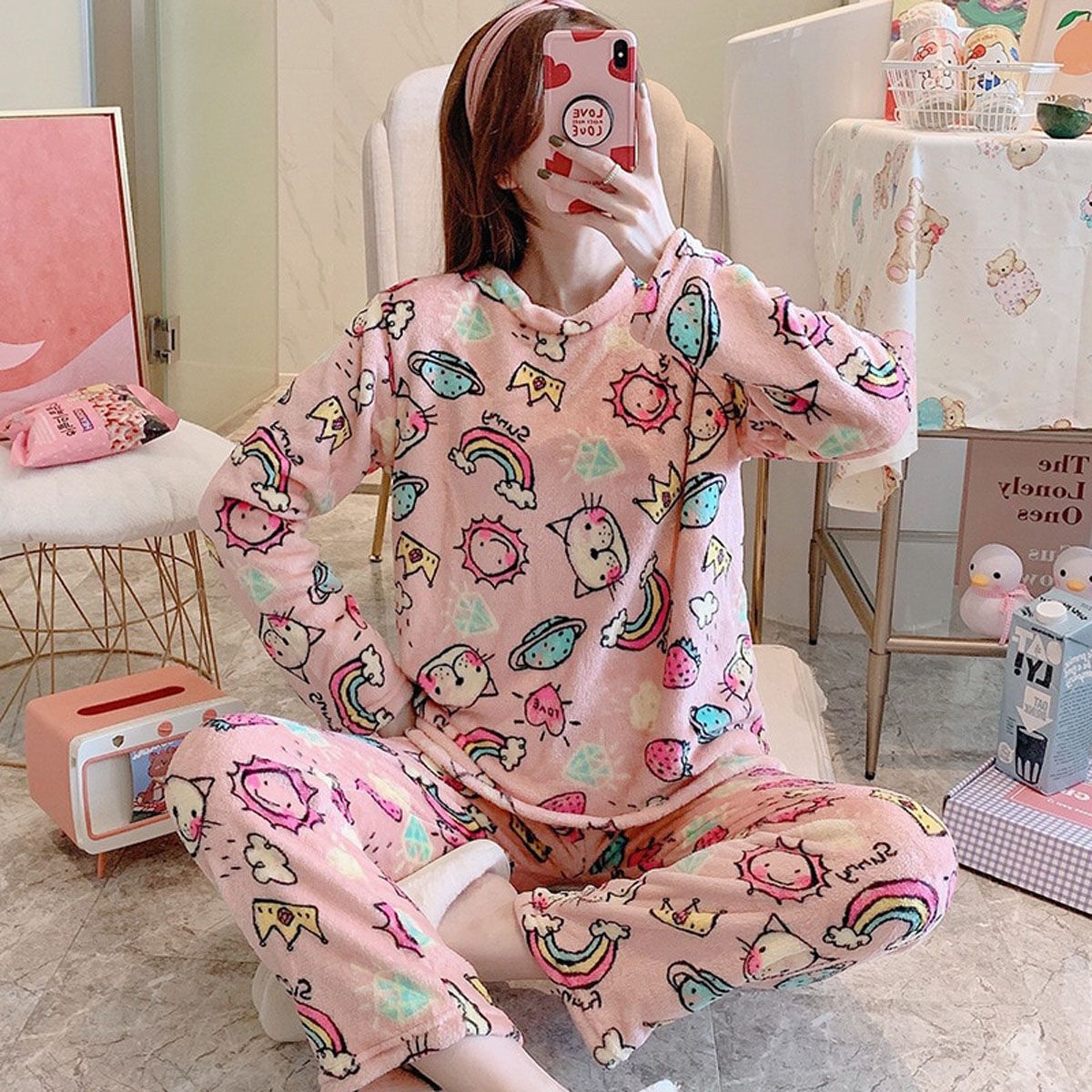 Women Pajama Set   Autumn Winter Pajamas Flannel Cartoon Thicken Warm Long Sleeve Women Sleepwear 2 Pieces Suit Homewear