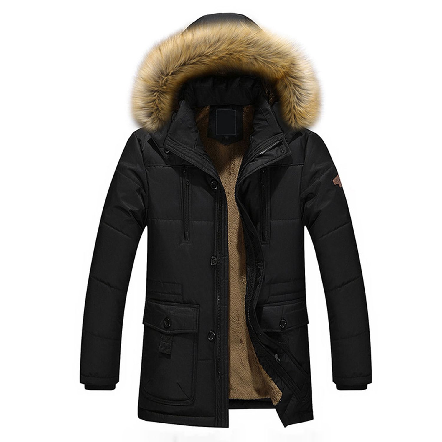 Men Coat Long Sleeve Plush Hooded Pure Color Male Windbreaker
