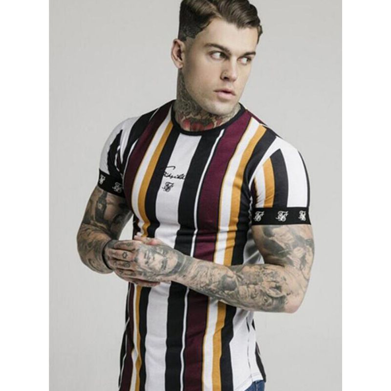 Sik Silk Summer Men's New Casual T-Shirt Fashion Striped Tide Brand -Hop Short-Sleeved Street Clothing Srts Slim Tops