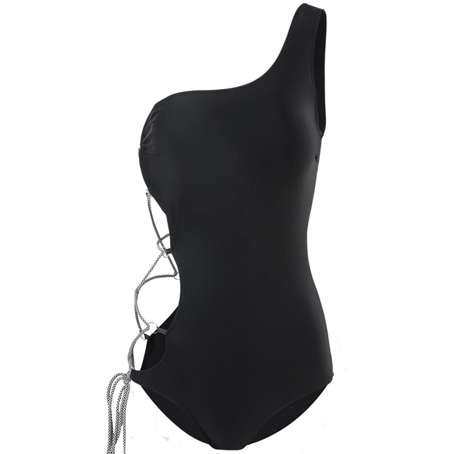Style Women Summer One Shoulder Solid Color Bandage Hollow Out Monokini Swimwear