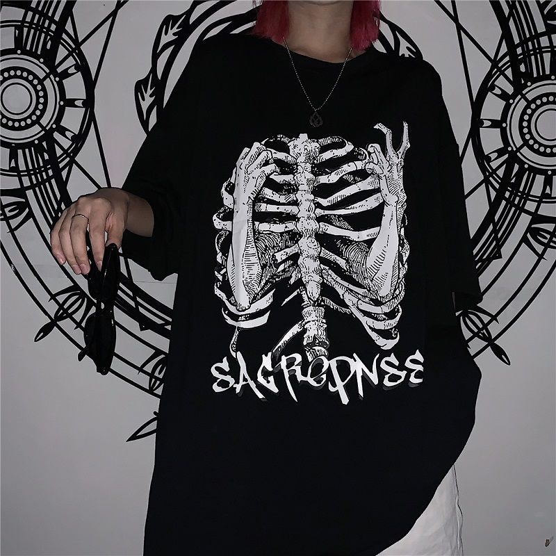 Oversized t-shirt female goth Top y2k Harajuku tops retro print skull bone Loose t-shirts with short sleeve anime graphic Shirt