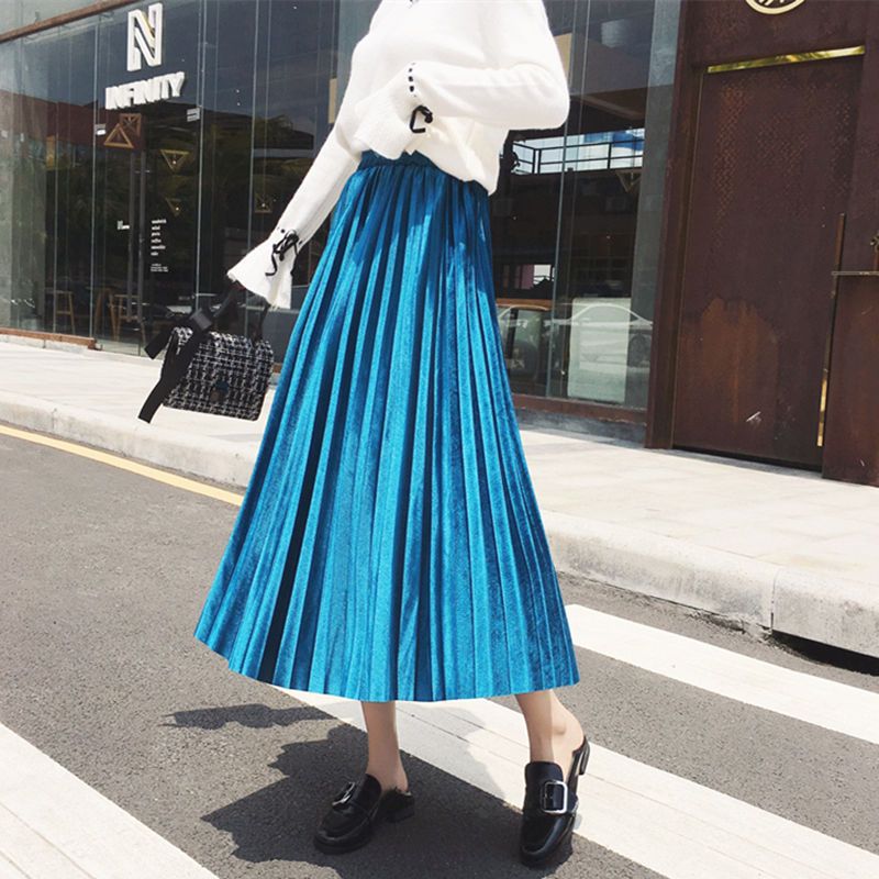 Yfashion Women's Skirt d-length High-waisted hin A-line old Velvet Pleated Skirt color