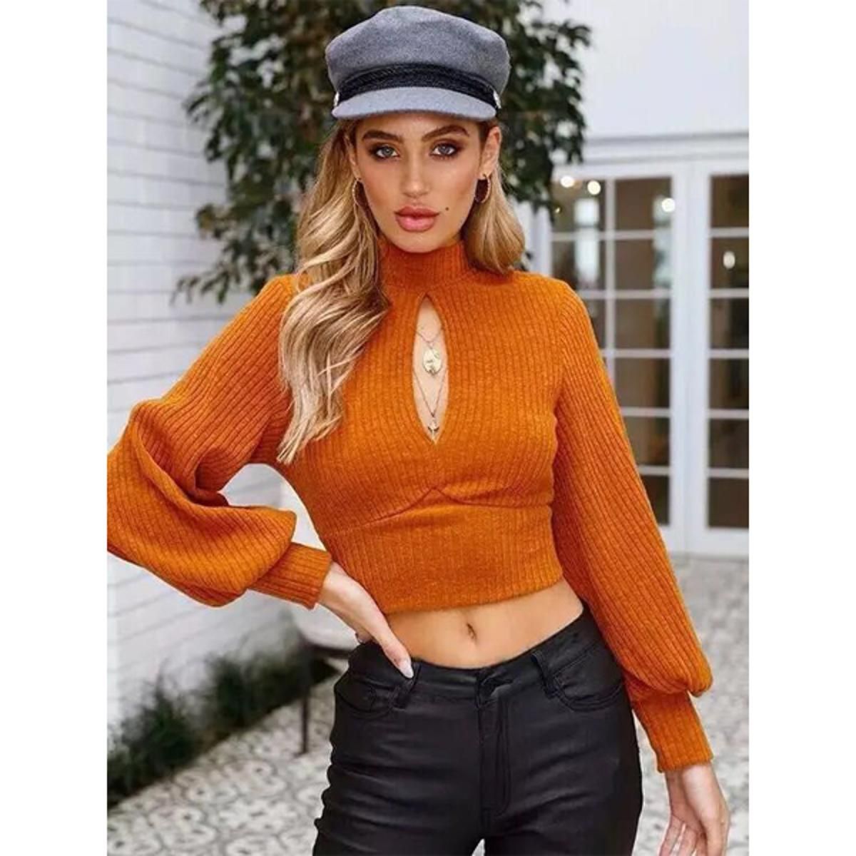 Blouse Long Sleeve Sweater Hollow Solid Color Lantern Sleeve Lumbar Open Back  Slim Fit Women's Clothing Blouse