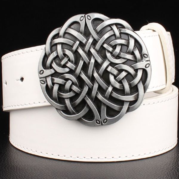 Fashion leather belt Celtic knot series metal buckle geometric weave pattern men simple casual belts trend women jeans belt
