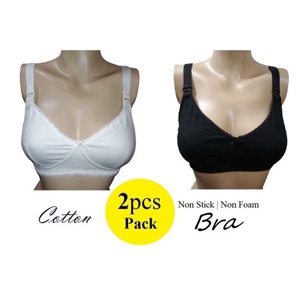 Bras Non Stick Non Foam 2 Pcs for Women Cotton White and Black Color Wide Strap with 4 Layer hook in Back side